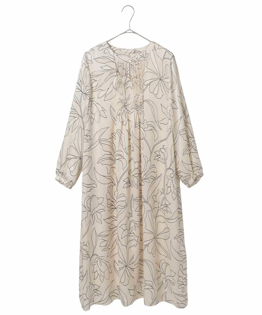 R6EED56490 HIROKO BIS(小さいサイズ)(メゾン ドゥ サンク) 【小さいサイズ】ボタニカルモチーフピンタックドレス アイボリー