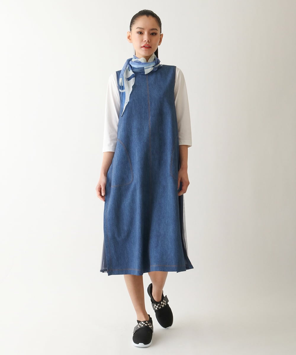 R6EFB30440 HIROKO BIS(小さいサイズ)(メゾン ドゥ サンク) 【小さいサイズ】サイドプリーツデニム風ジャンパースカート ブルー