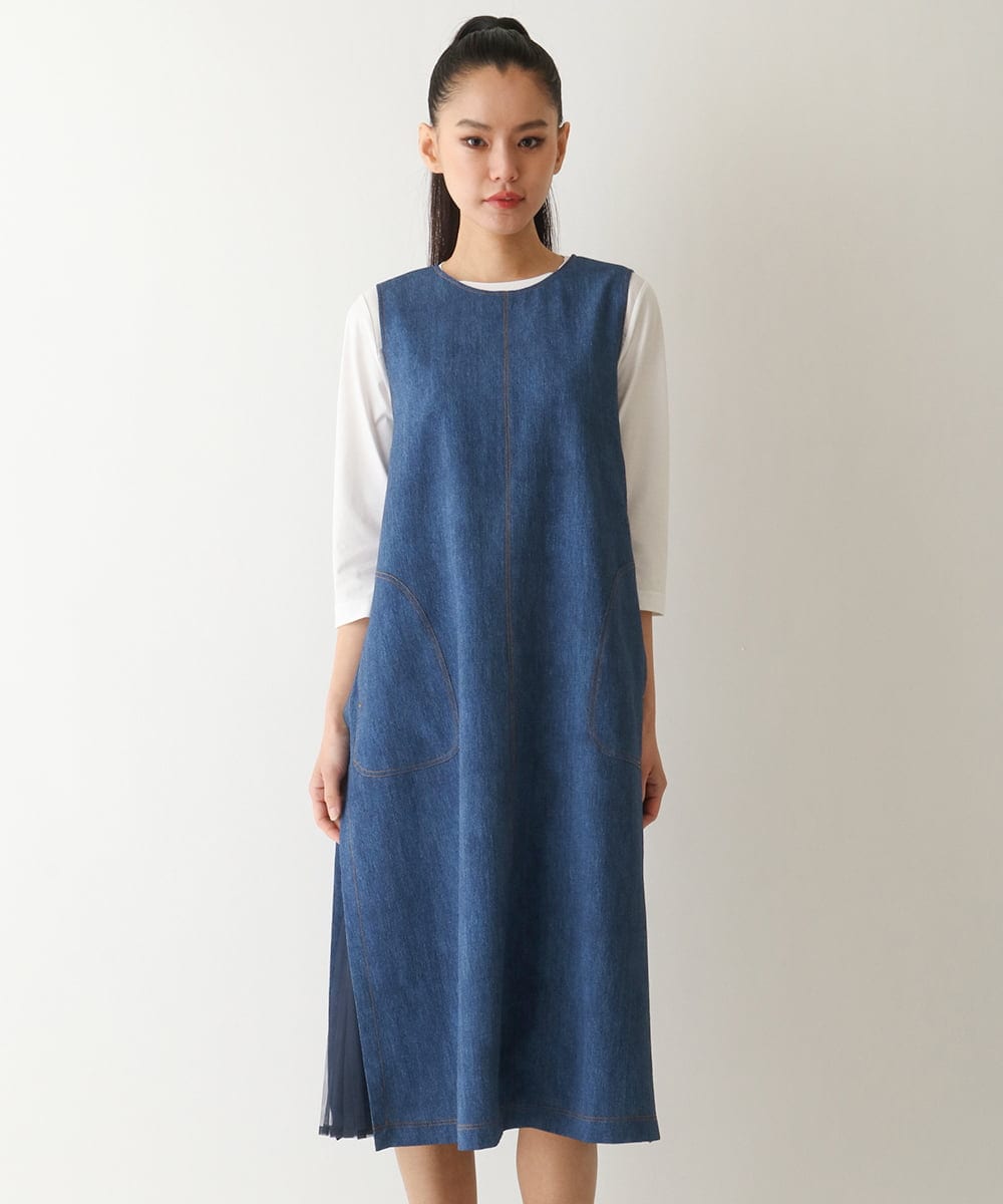 R6EFB30440 HIROKO BIS(小さいサイズ)(メゾン ドゥ サンク) 【小さいサイズ】サイドプリーツデニム風ジャンパースカート ブルー