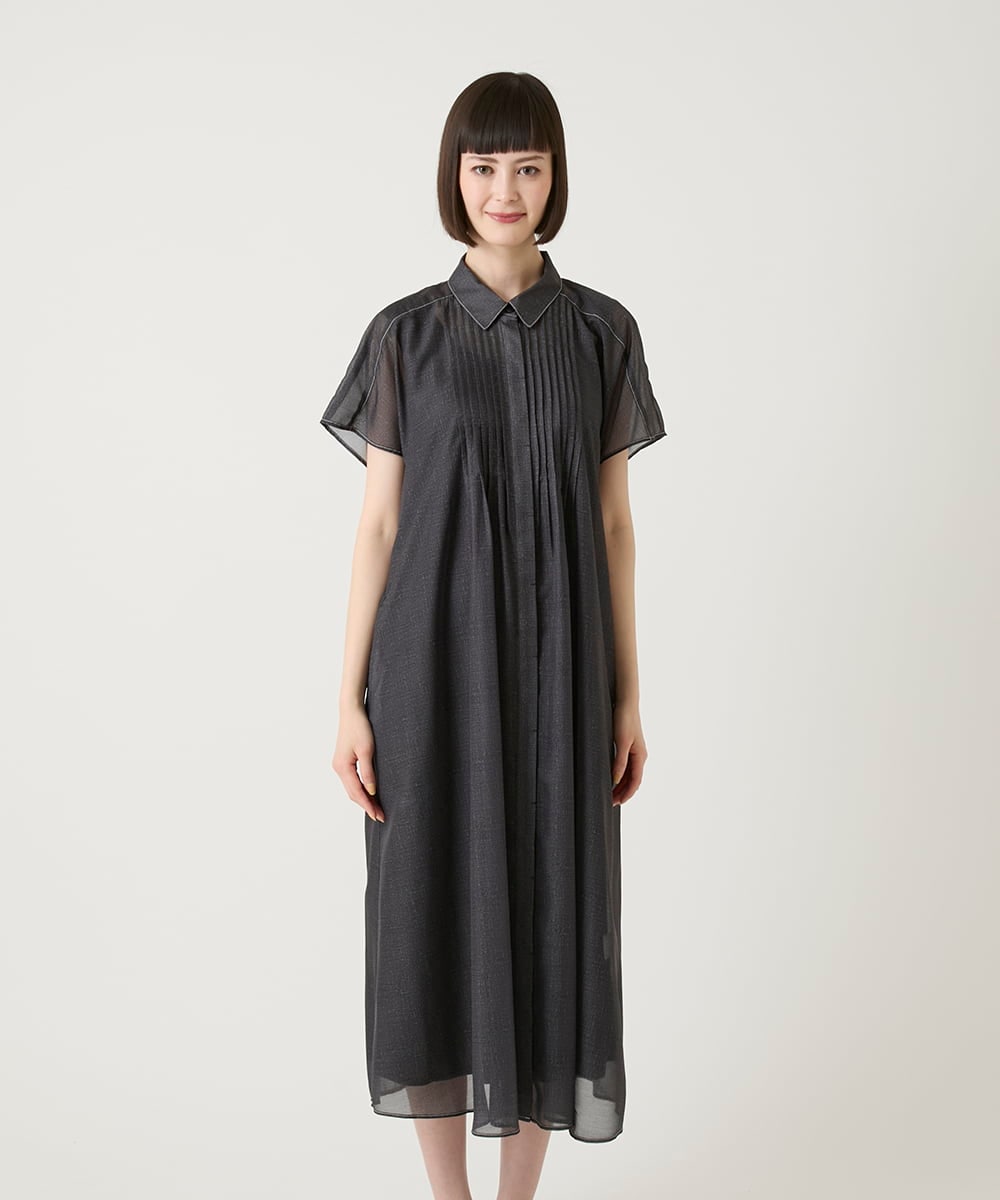 R6EGE31340 HIROKO BIS(小さいサイズ)(メゾン ドゥ サンク) 【小さいサイズ】サテンデニムピンタックデザインワンピース ネイビー