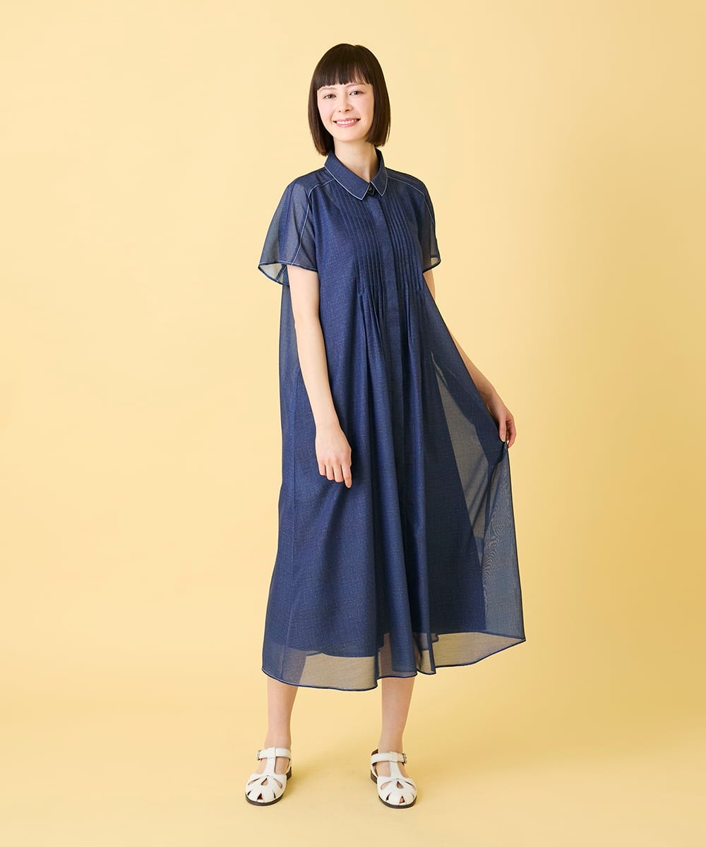 R6EGE31340 HIROKO BIS(小さいサイズ)(メゾン ドゥ サンク) 【小さいサイズ】サテンデニムピンタックデザインワンピース ネイビー