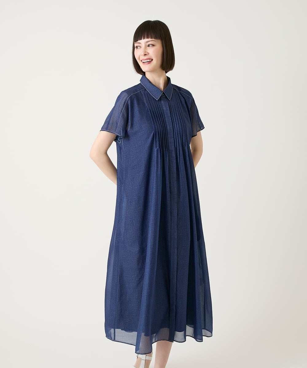 R6EGE31340 HIROKO BIS(小さいサイズ)(メゾン ドゥ サンク) 【小さいサイズ】サテンデニムピンタックデザインワンピース ネイビー