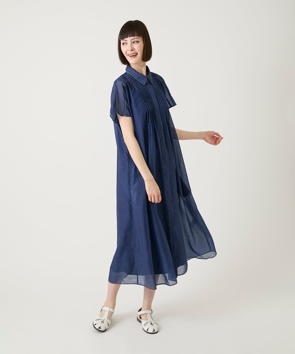 R6EGE31340 HIROKO BIS(小さいサイズ)(メゾン ドゥ サンク) 【小さいサイズ】サテンデニムピンタックデザインワンピース ネイビー
