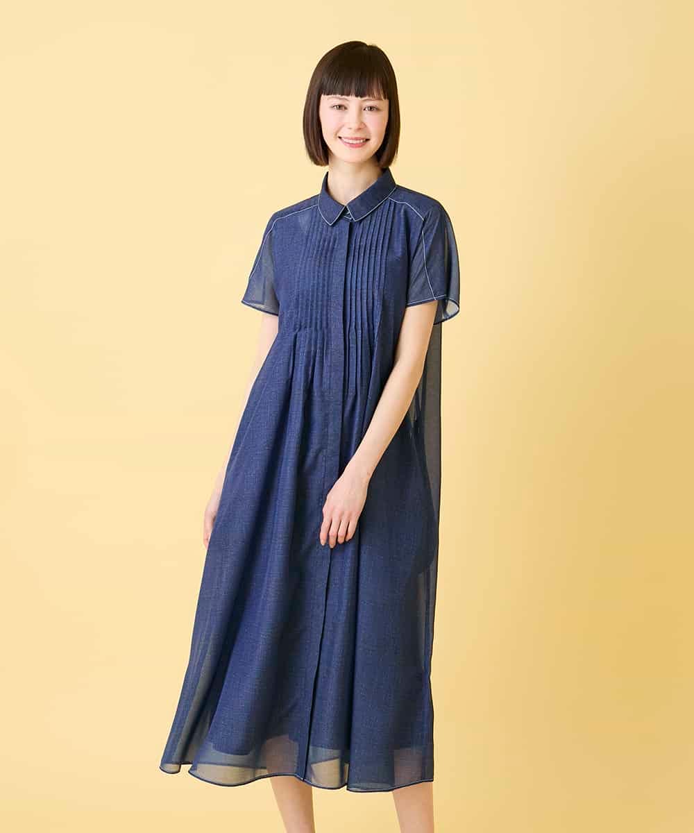 R6EGE31340 HIROKO BIS(小さいサイズ)(メゾン ドゥ サンク) 【小さいサイズ】サテンデニムピンタックデザインワンピース ネイビー