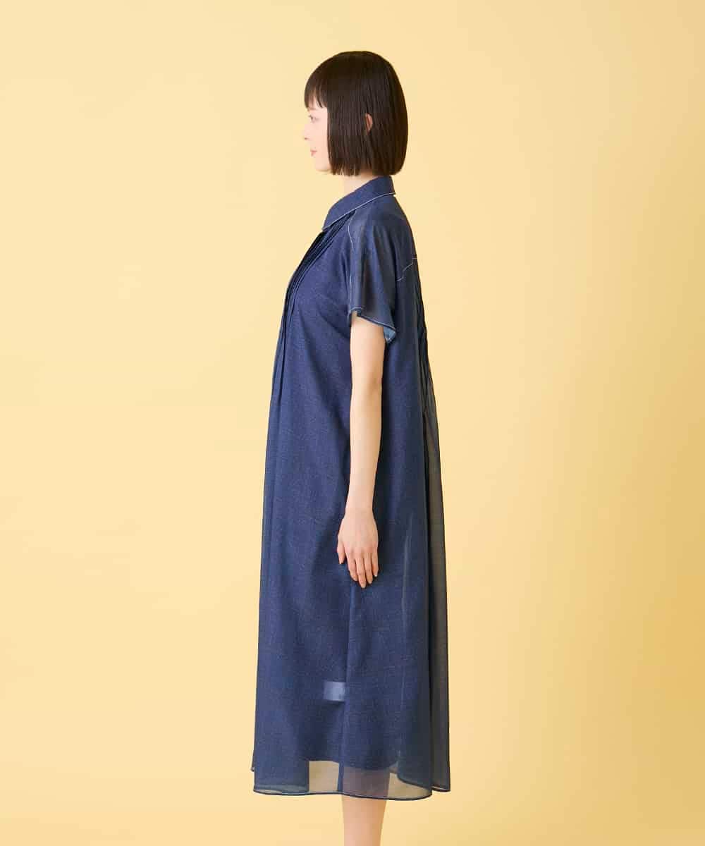 R6EGE31340 HIROKO BIS(小さいサイズ)(メゾン ドゥ サンク) 【小さいサイズ】サテンデニムピンタックデザインワンピース ネイビー