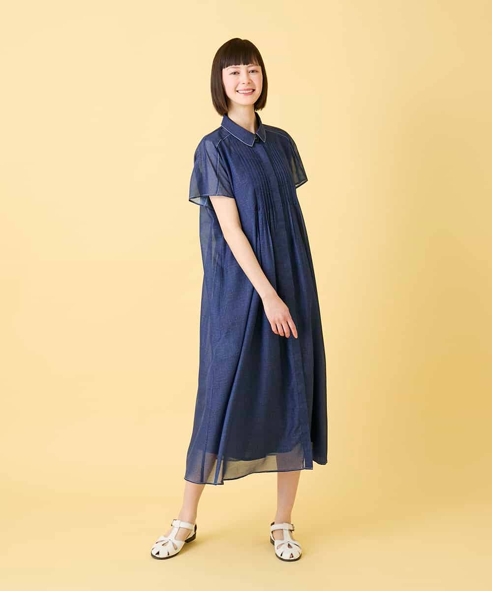 R6EGE31340 HIROKO BIS(小さいサイズ)(メゾン ドゥ サンク) 【小さいサイズ】サテンデニムピンタックデザインワンピース ネイビー