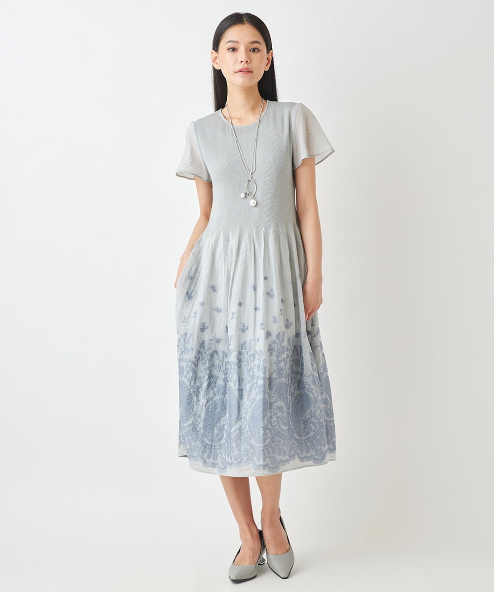 R6EGW21460 HIROKO BIS(小さいサイズ)(メゾン ドゥ サンク) 【小さいサイズ/セットアップ対応】ペーズリージャカードワンピース ブルー