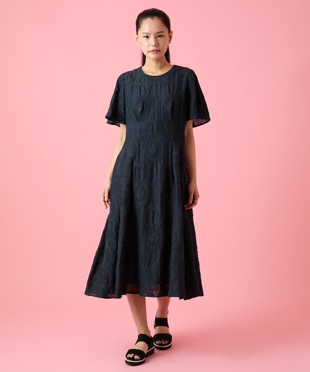R6EHE11430 HIROKO BIS(小さいサイズ)(メゾン ドゥ サンク) 【小さいサイズ】フラワージャカードAラインワンピース ネイビー