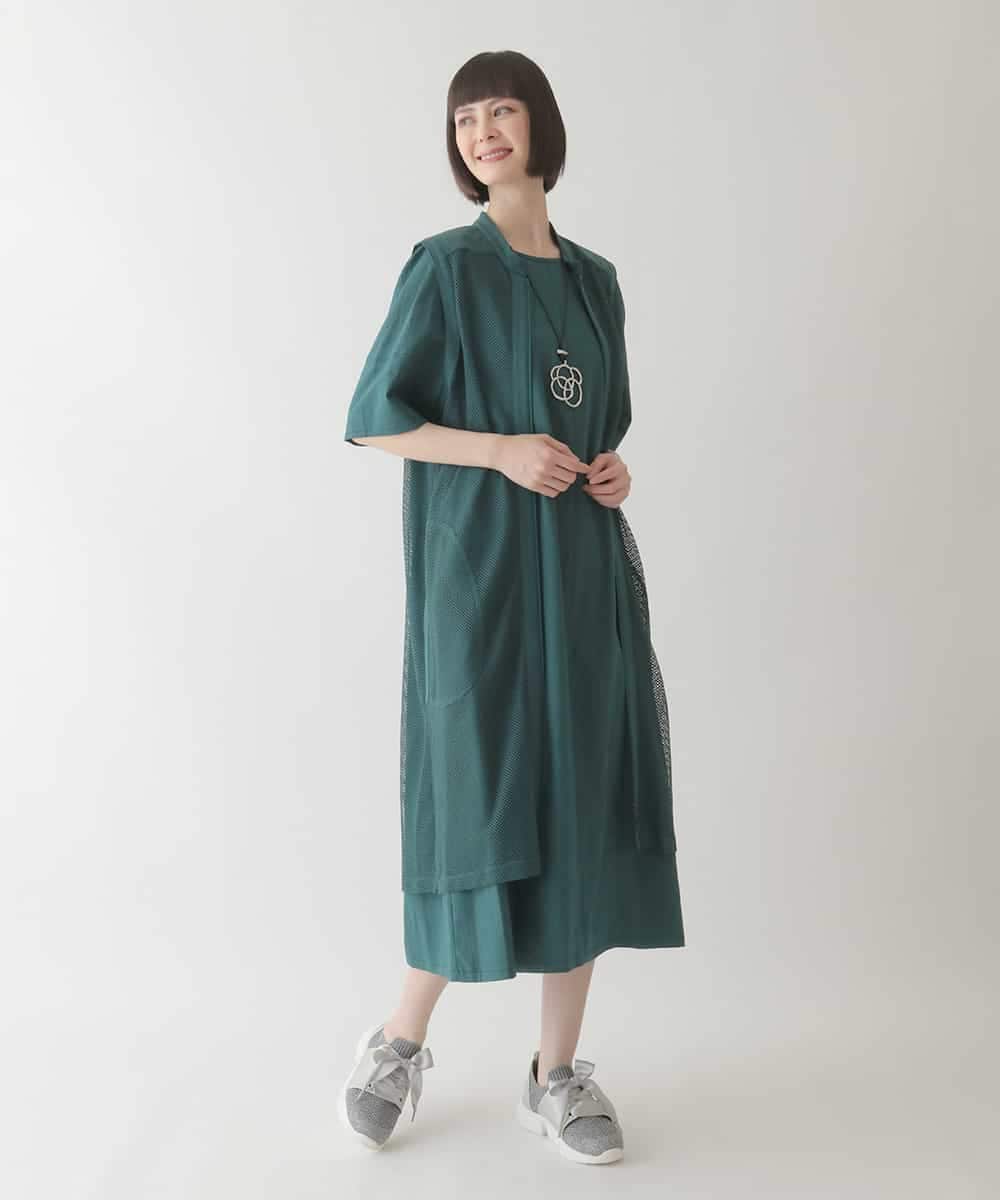R6EIB10340 HIROKO BIS(小さいサイズ)(メゾン ドゥ サンク) 【小さいサイズ】配色ステッチ立体スリーブワンピース グリーン