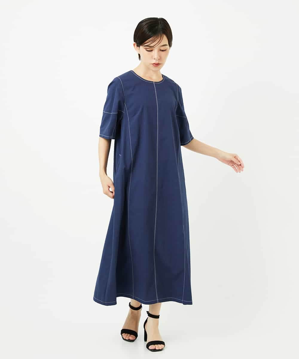 R6EIB10340 HIROKO BIS(小さいサイズ)(メゾン ドゥ サンク) 【小さいサイズ】配色ステッチ立体スリーブワンピース ネイビー