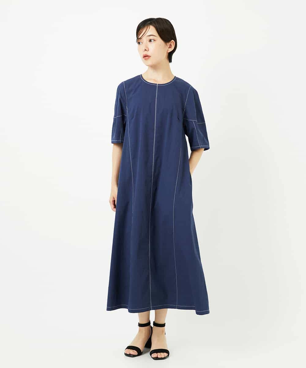 R6EIB10340 HIROKO BIS(小さいサイズ)(メゾン ドゥ サンク) 【小さいサイズ】配色ステッチ立体スリーブワンピース ネイビー