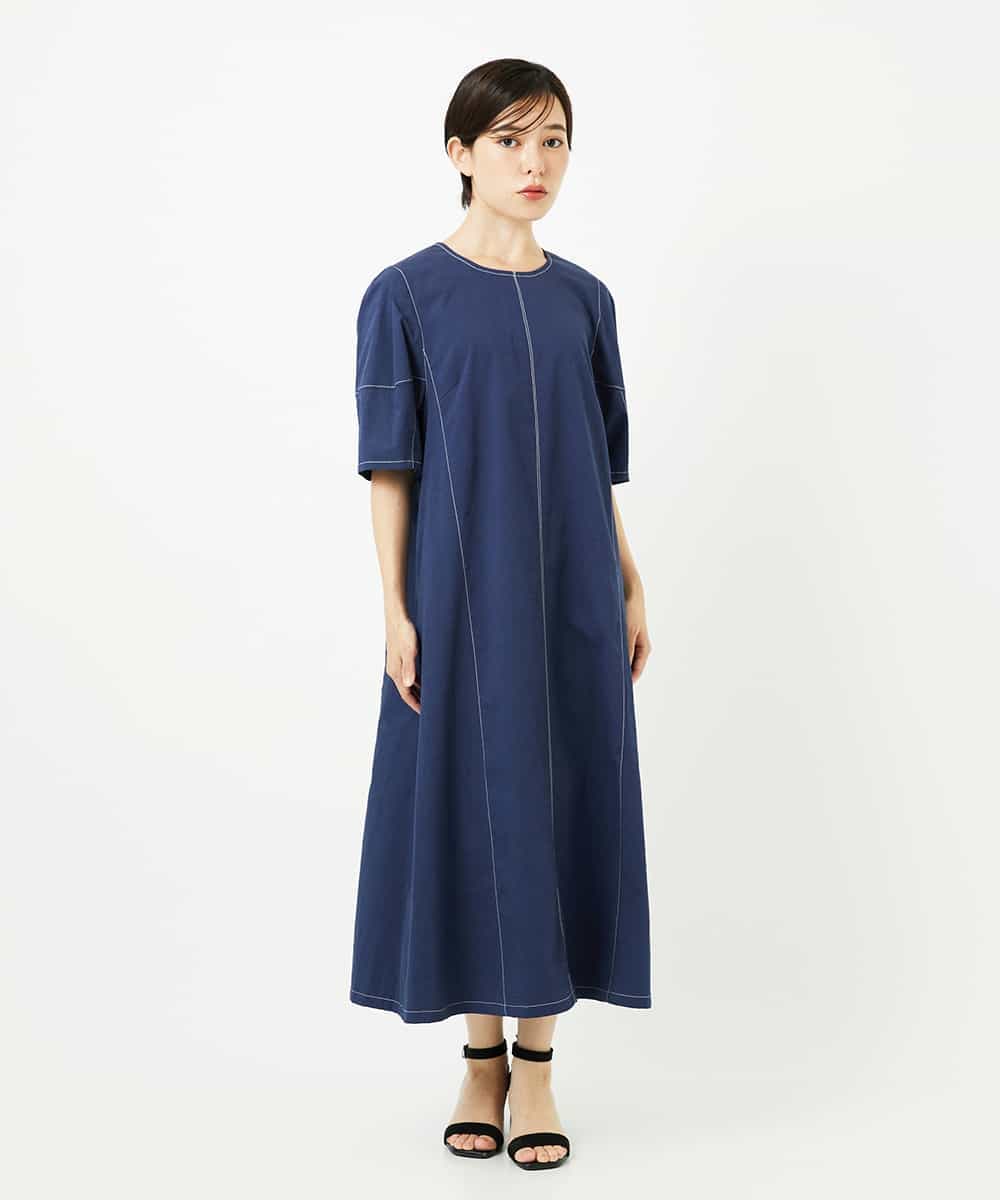 R6EIB10340 HIROKO BIS(小さいサイズ)(メゾン ドゥ サンク) 【小さいサイズ】配色ステッチ立体スリーブワンピース ネイビー