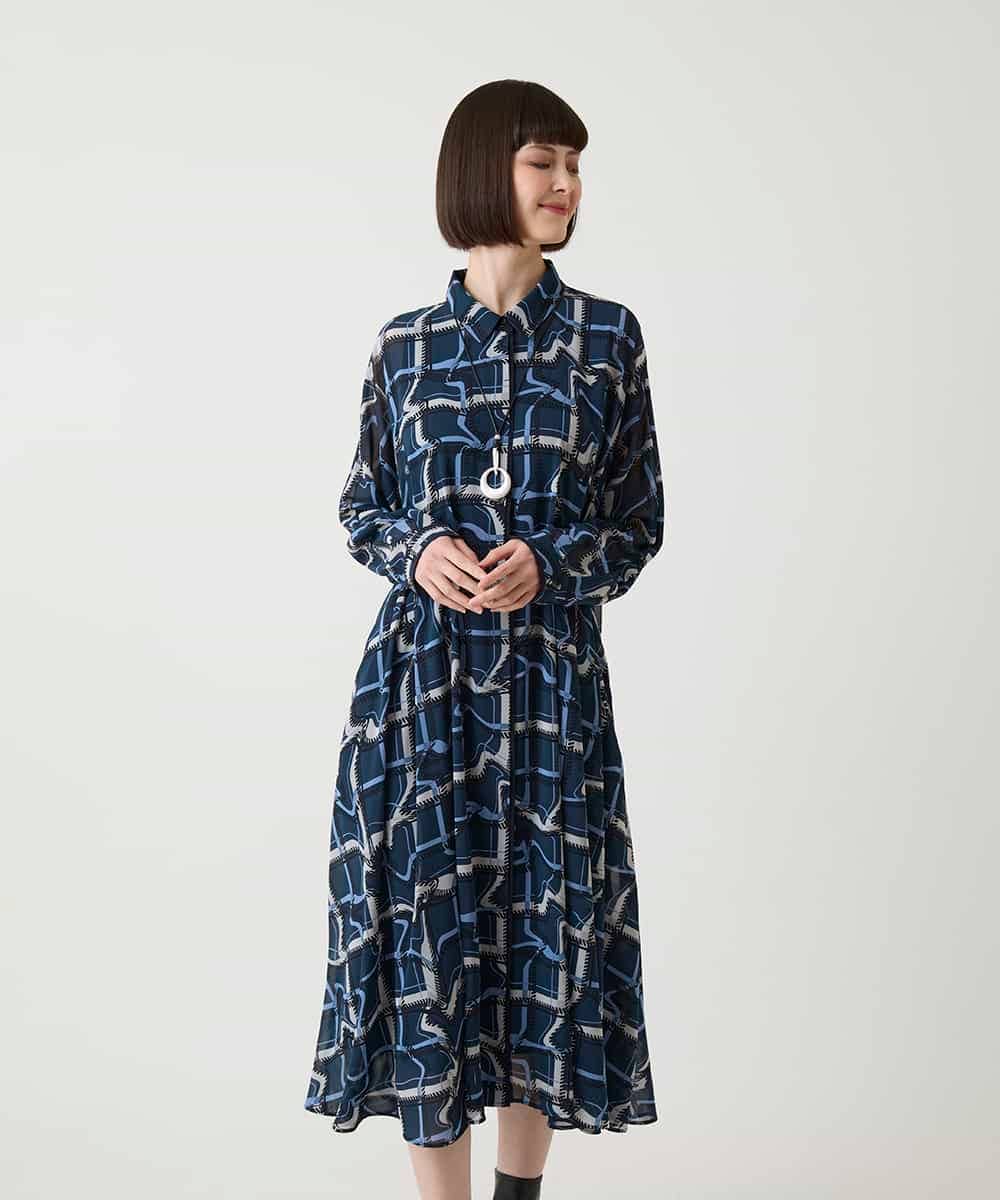 R6EJD20490 HIROKO BIS(小さいサイズ)(メゾン ドゥ サンク) 【小さいサイズ】変形チェックシアーワンピース ネイビー