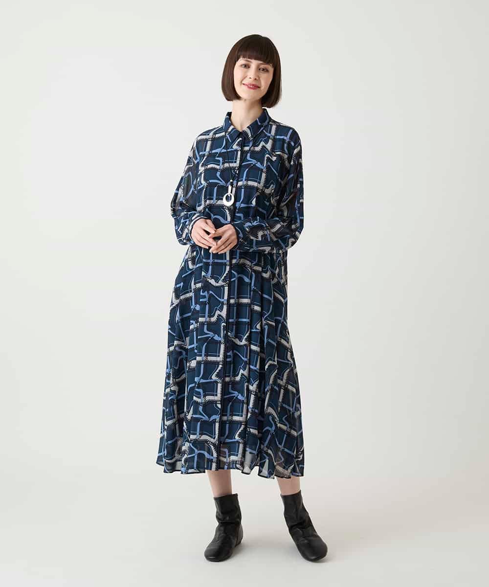R6EJD20490 HIROKO BIS(小さいサイズ)(メゾン ドゥ サンク) 【小さいサイズ】変形チェックシアーワンピース ネイビー