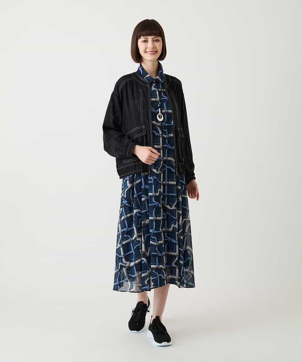 R6EJD20490 HIROKO BIS(小さいサイズ)(メゾン ドゥ サンク) 【小さいサイズ】変形チェックシアーワンピース ネイビー