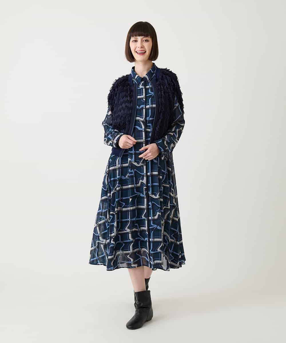 R6EJD20490 HIROKO BIS(小さいサイズ)(メゾン ドゥ サンク) 【小さいサイズ】変形チェックシアーワンピース ネイビー