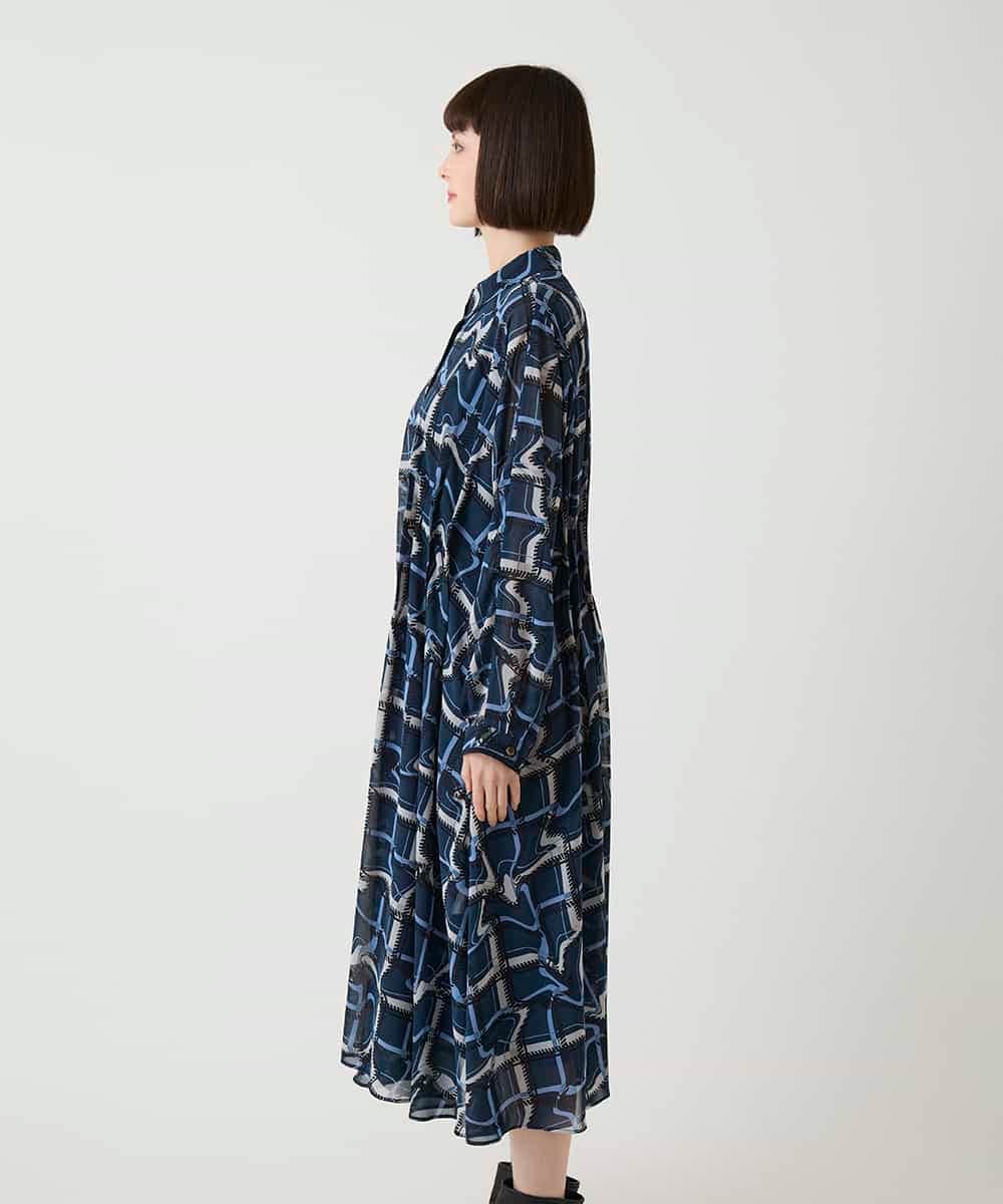 R6EJD20490 HIROKO BIS(小さいサイズ)(メゾン ドゥ サンク) 【小さいサイズ】変形チェックシアーワンピース ネイビー