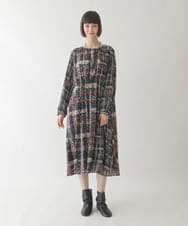 R6ELB12450 HIROKO BIS(小さいサイズ)(メゾン ドゥ サンク) ウエストギャザーチェックプリントワンピース ネイビー