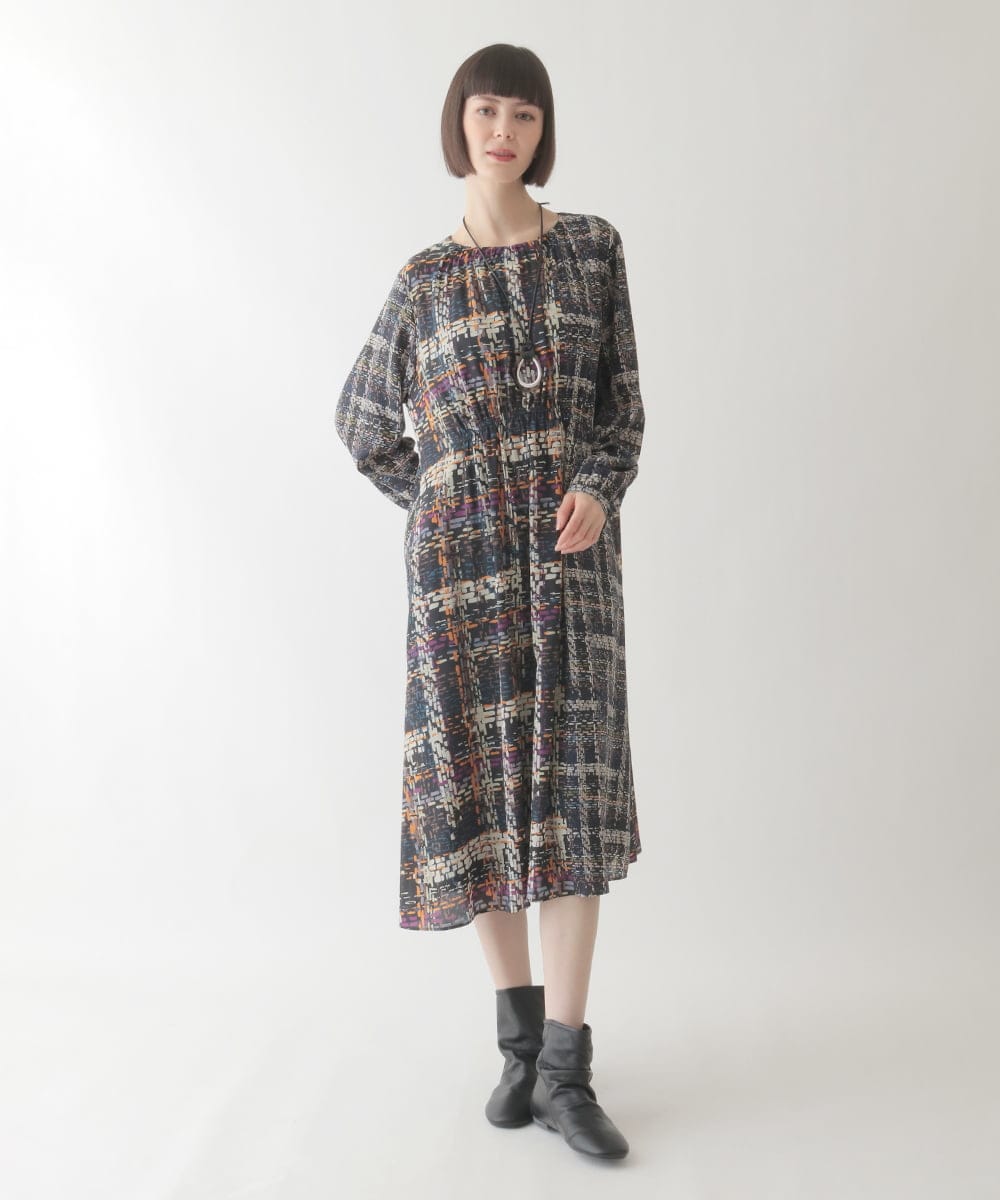 R6ELB12450 HIROKO BIS(小さいサイズ)(メゾン ドゥ サンク) ウエストギャザーチェックプリントワンピース ネイビー
