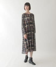R6ELB12450 HIROKO BIS(小さいサイズ)(メゾン ドゥ サンク) ウエストギャザーチェックプリントワンピース ネイビー
