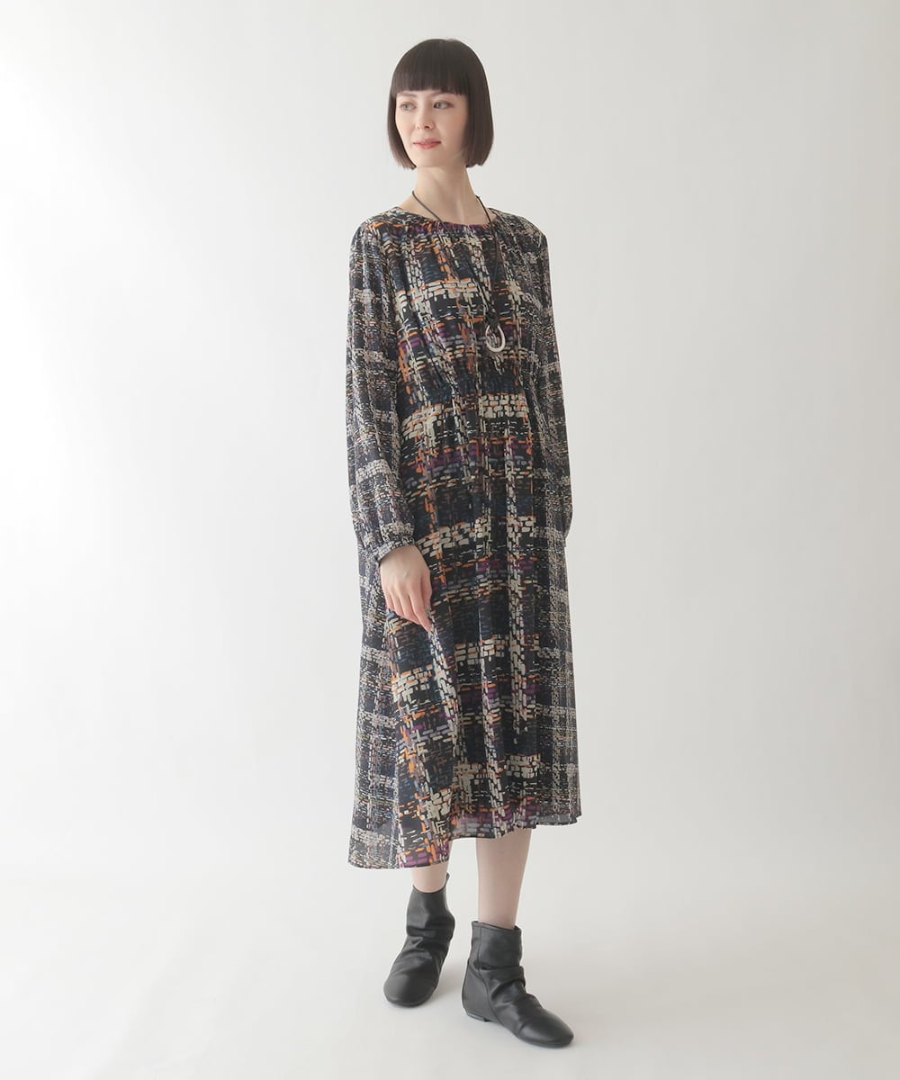 R6ELB12450 HIROKO BIS(小さいサイズ)(メゾン ドゥ サンク) ウエストギャザーチェックプリントワンピース ネイビー