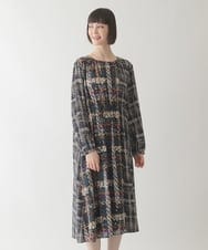 R6ELB12450 HIROKO BIS(小さいサイズ)(メゾン ドゥ サンク) ウエストギャザーチェックプリントワンピース ネイビー