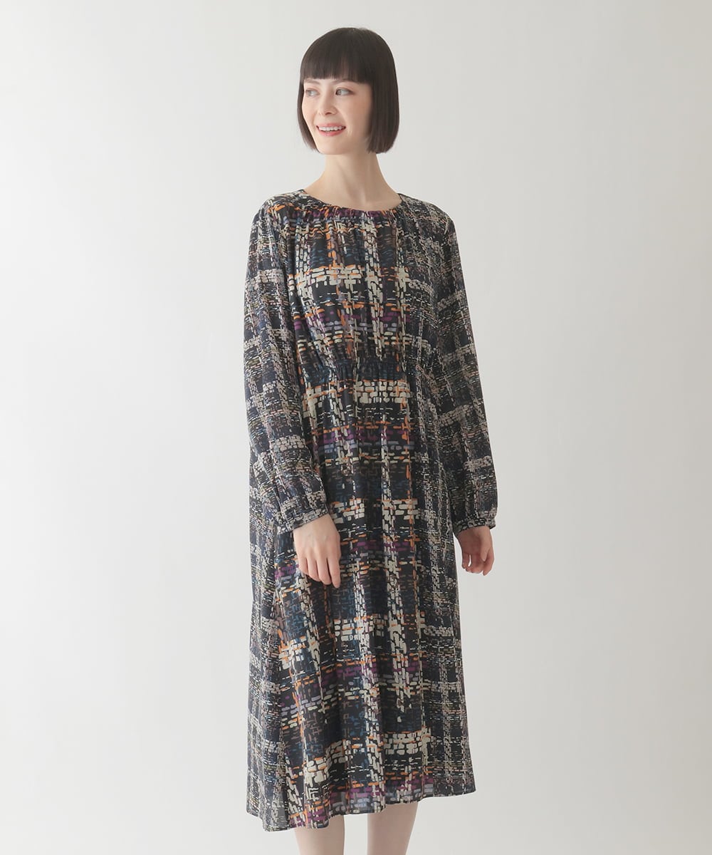 R6ELB12450 HIROKO BIS(小さいサイズ)(メゾン ドゥ サンク) ウエストギャザーチェックプリントワンピース ネイビー