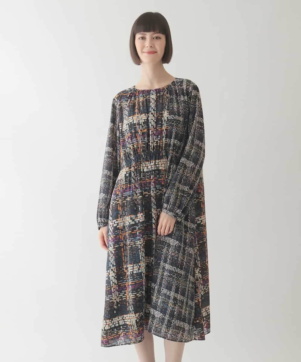 R6ELB12450 HIROKO BIS(小さいサイズ)(メゾン ドゥ サンク) ウエストギャザーチェックプリントワンピース ネイビー