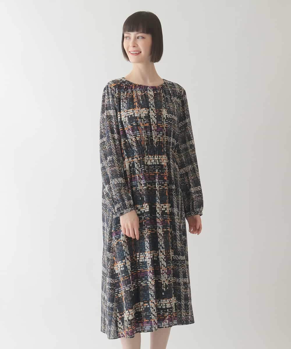 R6ELB12450 HIROKO BIS(小さいサイズ)(メゾン ドゥ サンク) ウエストギャザーチェックプリントワンピース ネイビー