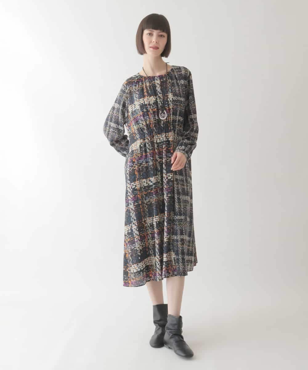 R6ELB12450 HIROKO BIS(小さいサイズ)(メゾン ドゥ サンク) ウエストギャザーチェックプリントワンピース ネイビー