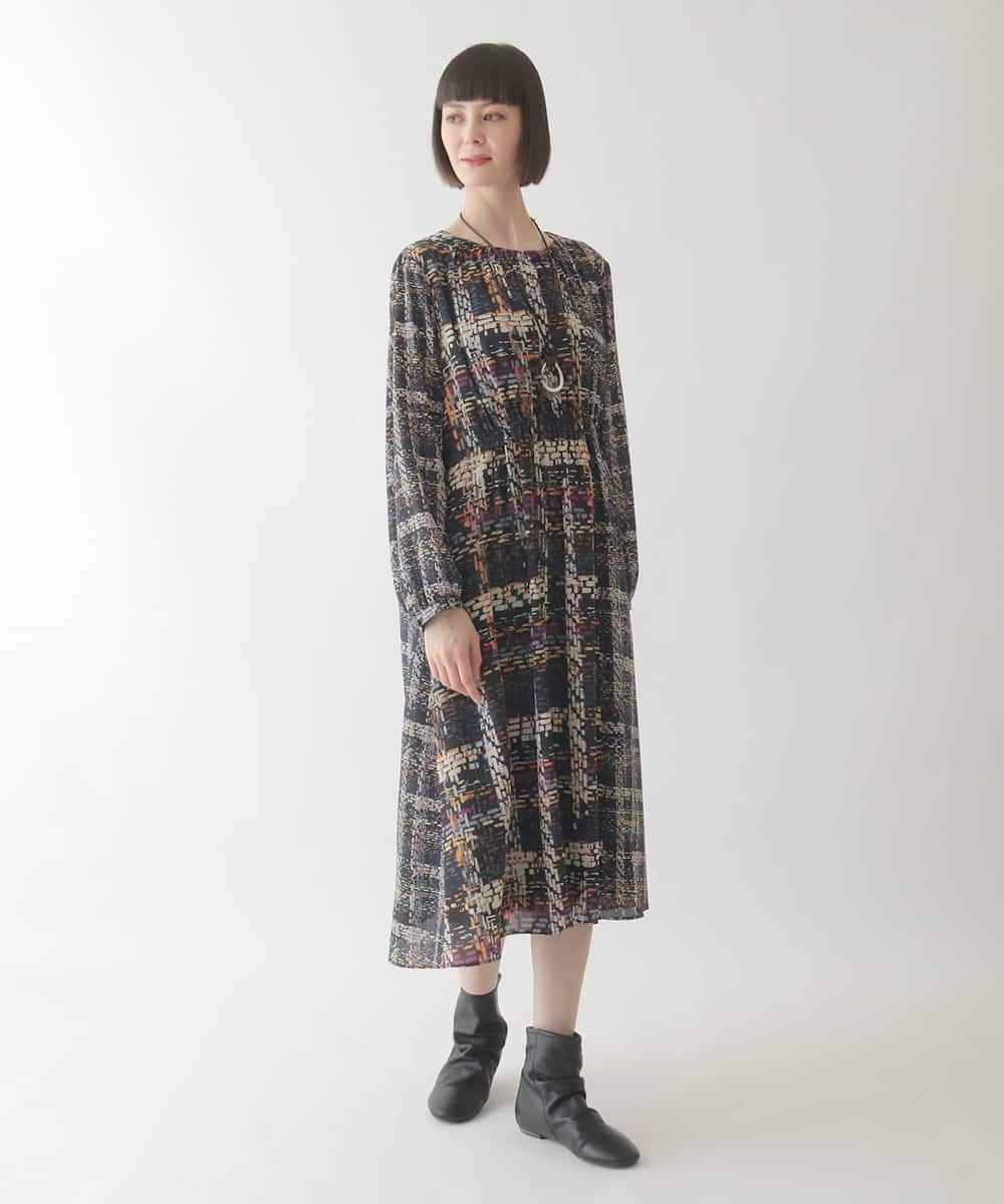 R6ELB12450 HIROKO BIS(小さいサイズ)(メゾン ドゥ サンク) ウエストギャザーチェックプリントワンピース ネイビー