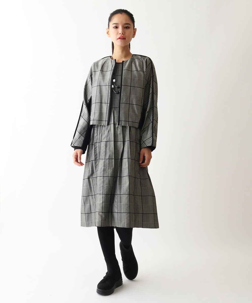 R6ELW12490 HIROKO BIS(小さいサイズ)(メゾン ドゥ サンク) 【小さいサイズ】グレンチェックジャカードワンピース ベージュ×ブラック