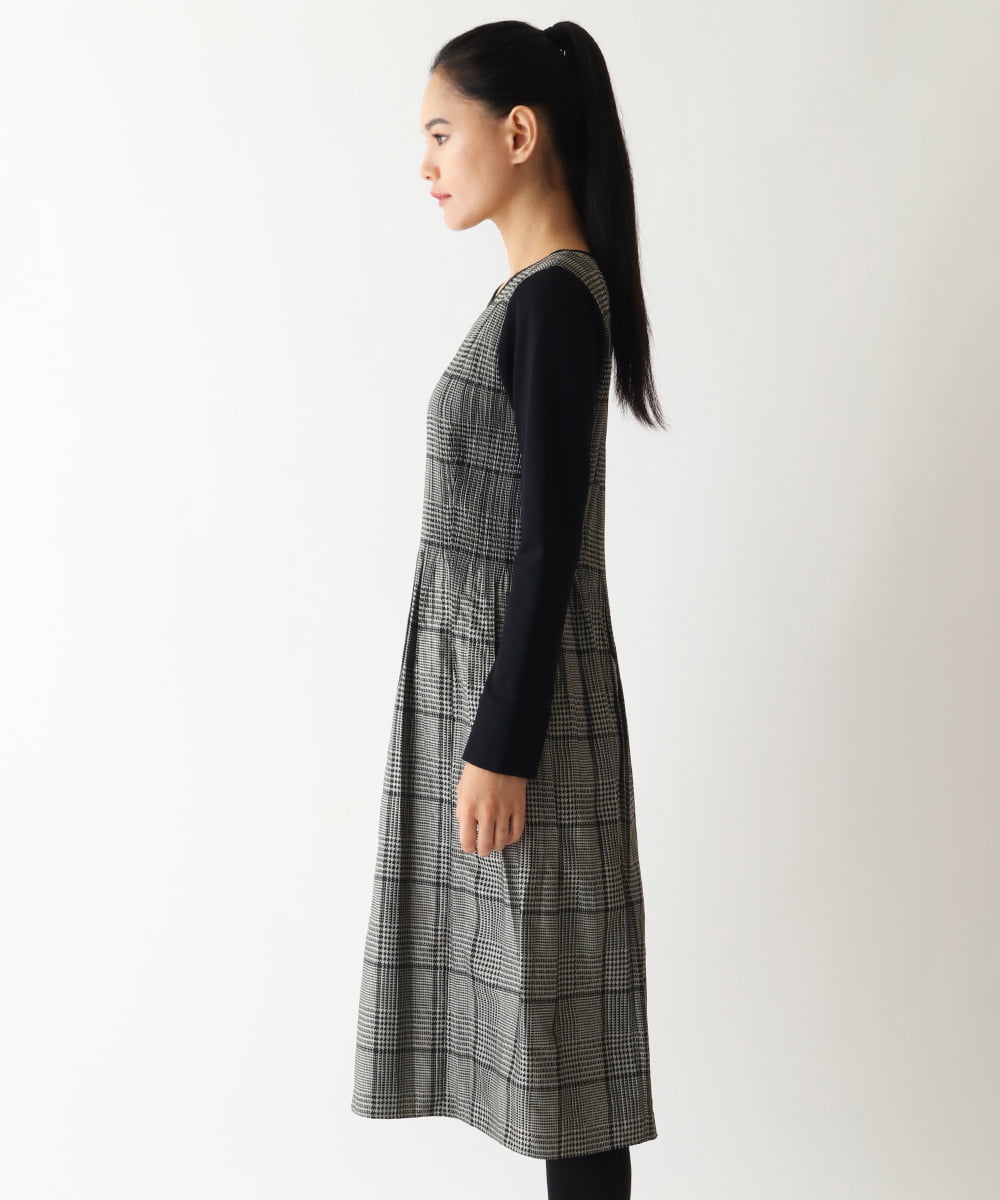 R6ELW12490 HIROKO BIS(小さいサイズ)(メゾン ドゥ サンク) 【小さいサイズ】グレンチェックジャカードワンピース ベージュ×ブラック