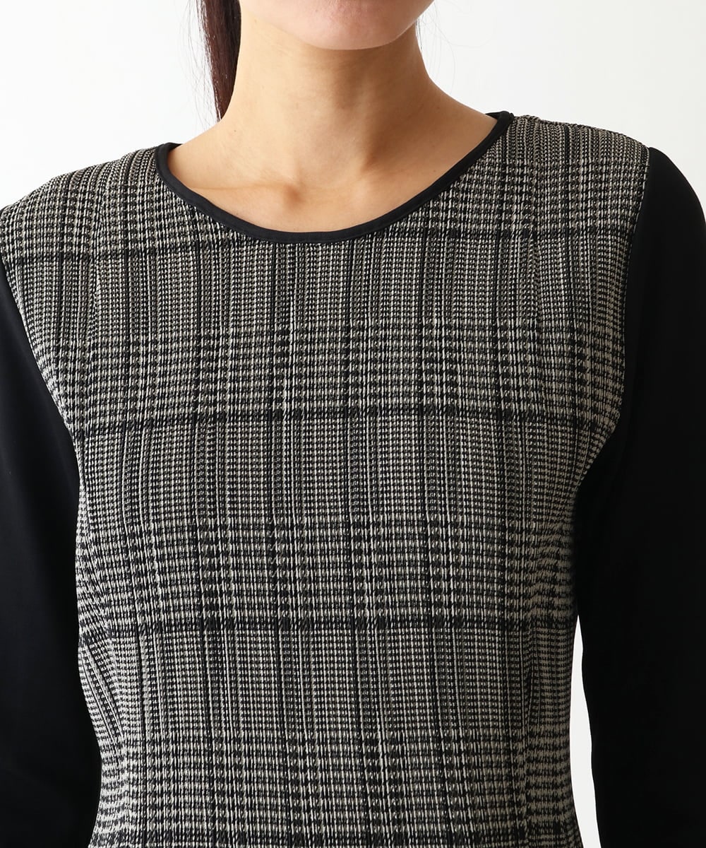 R6ELW12490 HIROKO BIS(小さいサイズ)(メゾン ドゥ サンク) 【小さいサイズ】グレンチェックジャカードワンピース ベージュ×ブラック