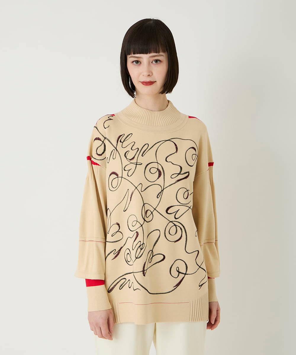 R6FAE50330 HIROKO BIS(小さいサイズ)(メゾン ドゥ サンク) 【小さいサイズ】ニュアンス刺繍アクセントニットプルオーバー ベージュ