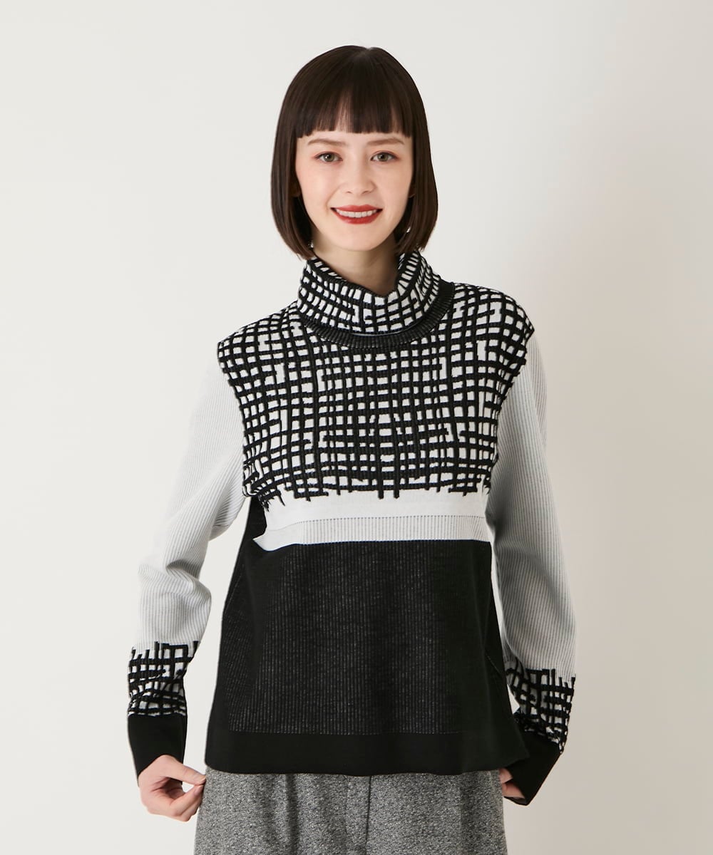 R6FAE55290 HIROKO BIS(小さいサイズ)(メゾン ドゥ サンク) 【小さいサイズ】チェックアクセントタートルネックニット ブラック