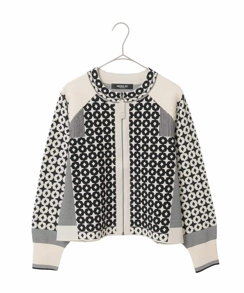 R6FCE80390 HIROKO BIS(小さいサイズ)(メゾン ドゥ サンク) 【小さいサイズ】ジャカード×インターシャ幾何柄ニットカーディガン アイボリー