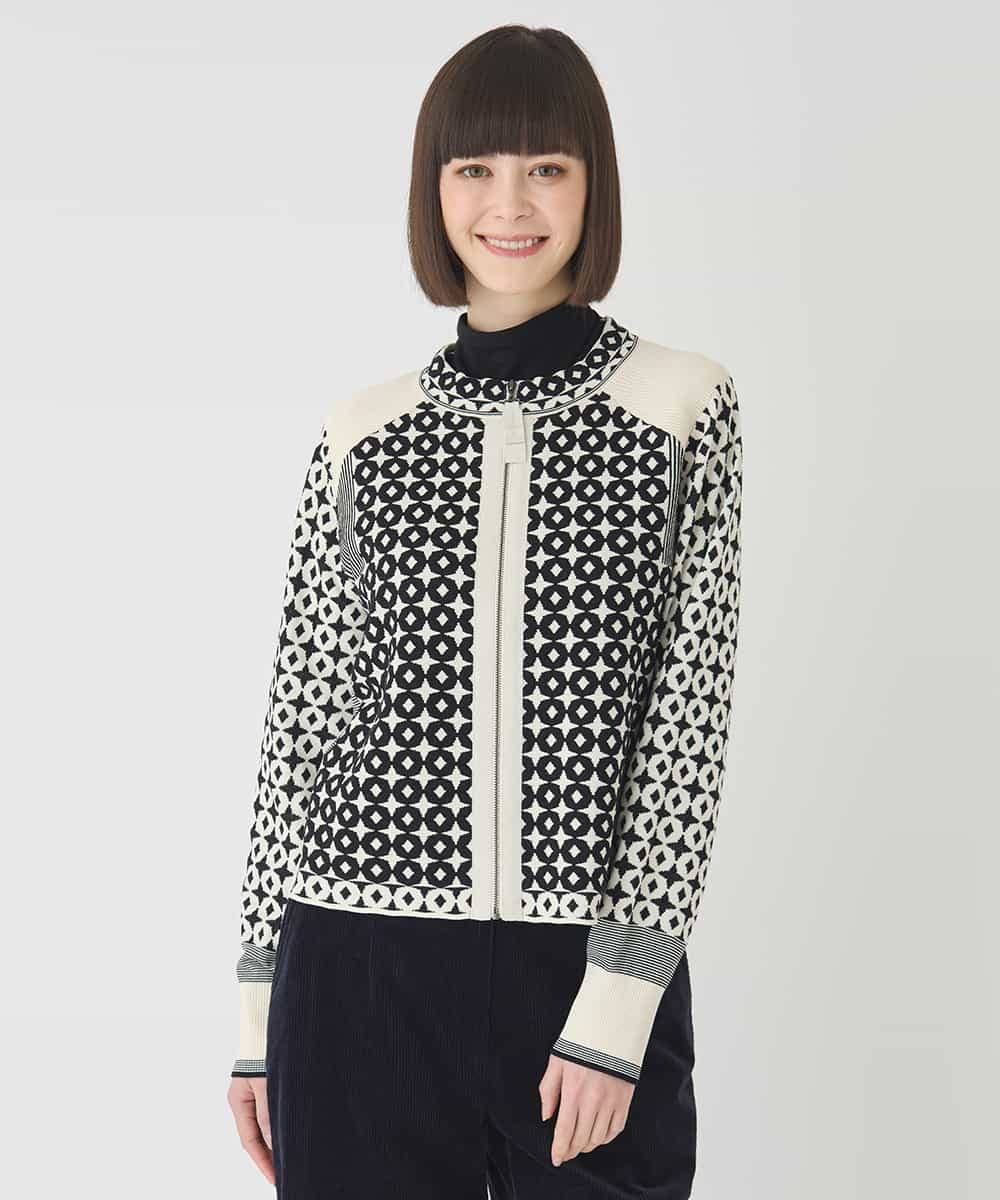 R6FCE80390 HIROKO BIS(小さいサイズ)(メゾン ドゥ サンク) 【小さいサイズ】ジャカード×インターシャ幾何柄ニットカーディガン アイボリー