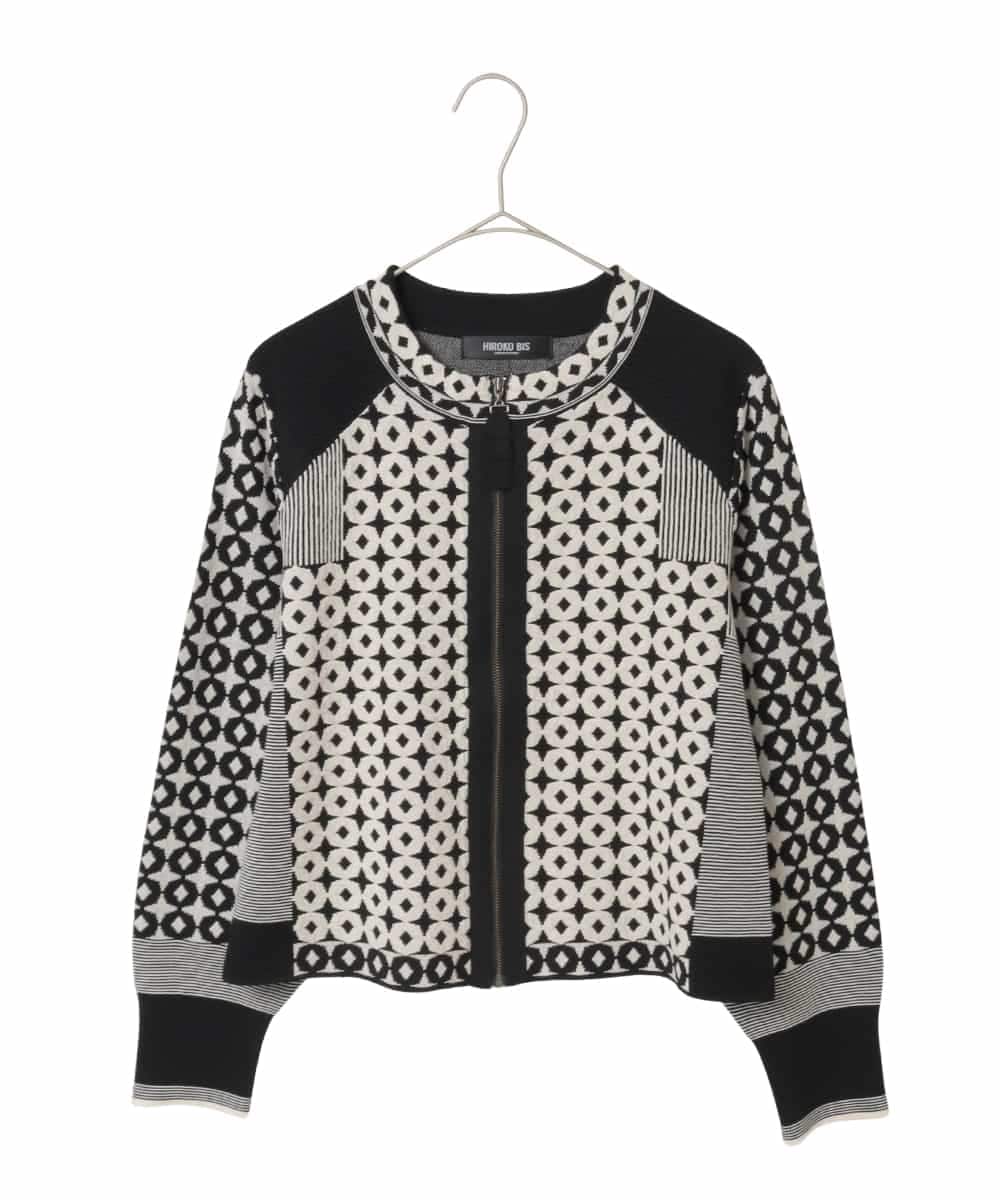 R6FCE80390 HIROKO BIS(小さいサイズ)(メゾン ドゥ サンク) 【小さいサイズ】ジャカード×インターシャ幾何柄ニットカーディガン ブラック