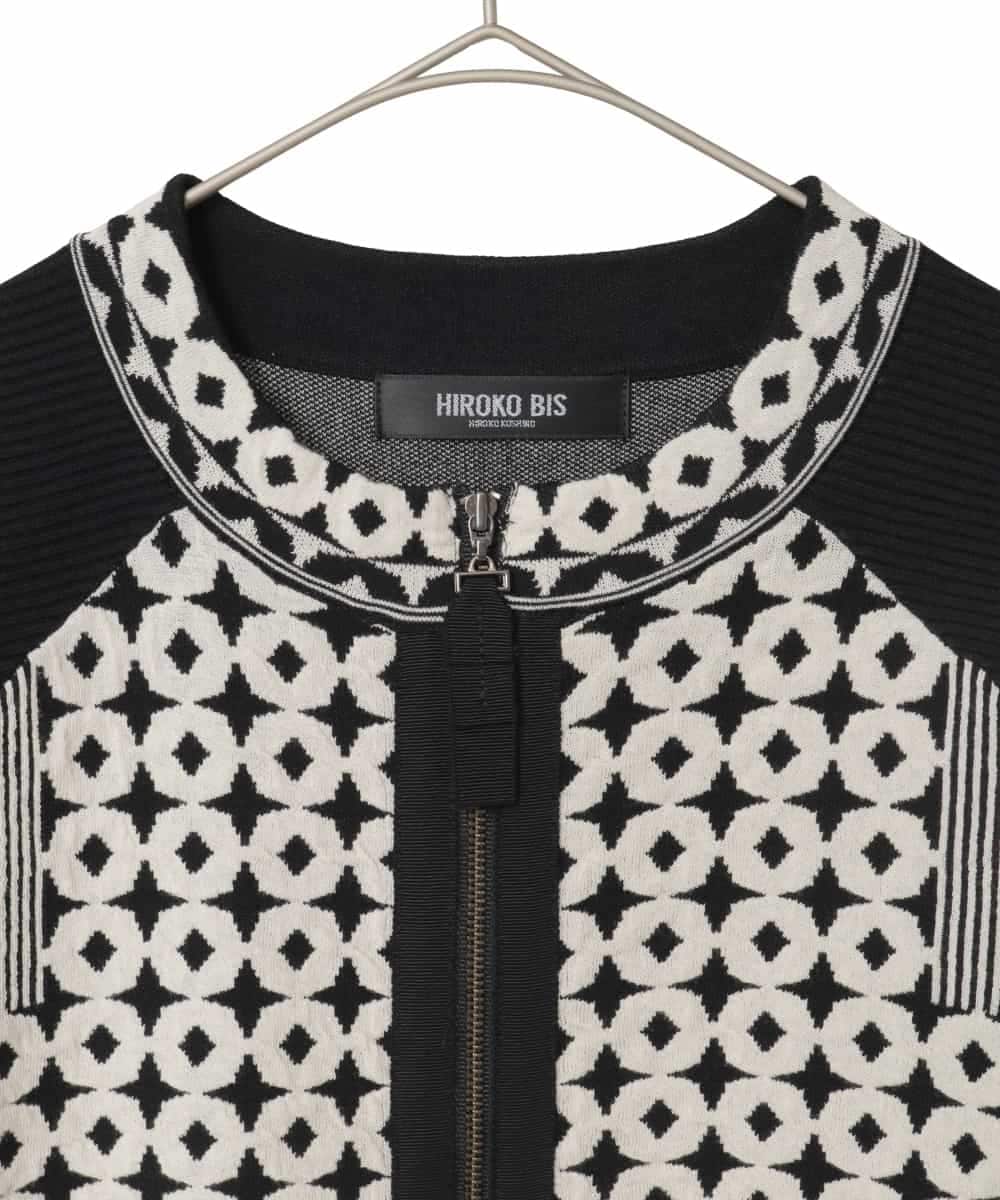 R6FCE80390 HIROKO BIS(小さいサイズ)(メゾン ドゥ サンク) 【小さいサイズ】ジャカード×インターシャ幾何柄ニットカーディガン ブラック