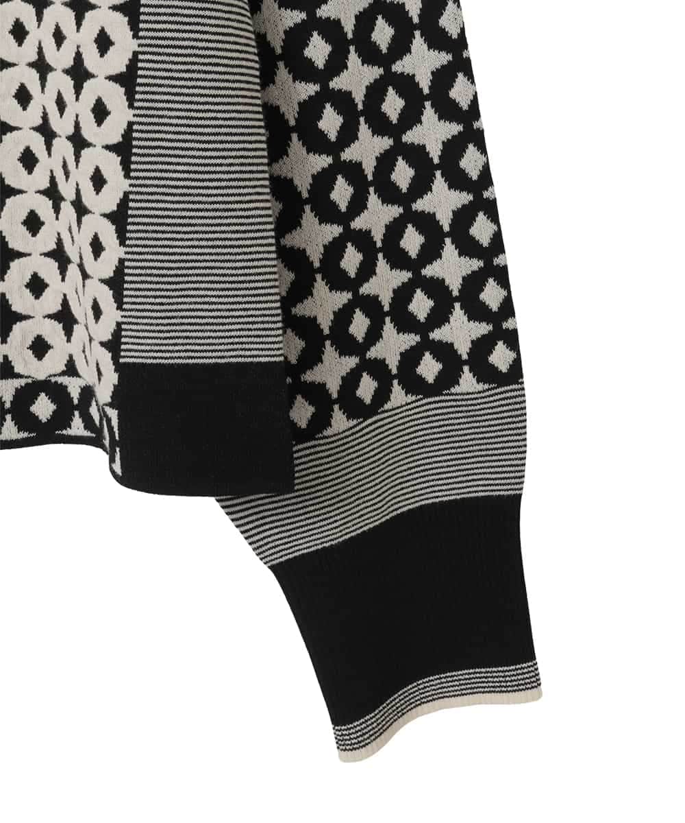 R6FCE80390 HIROKO BIS(小さいサイズ)(メゾン ドゥ サンク) 【小さいサイズ】ジャカード×インターシャ幾何柄ニットカーディガン ブラック