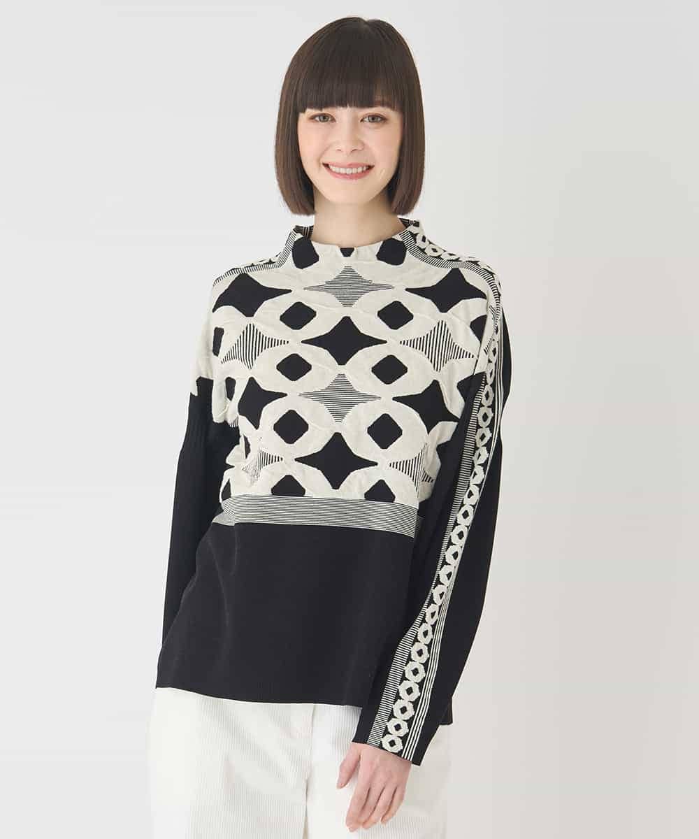 R6FCE81330 HIROKO BIS(小さいサイズ)(メゾン ドゥ サンク) 【小さいサイズ】ジャカード×インターシャ幾何柄ニットプルオーバー ブラック