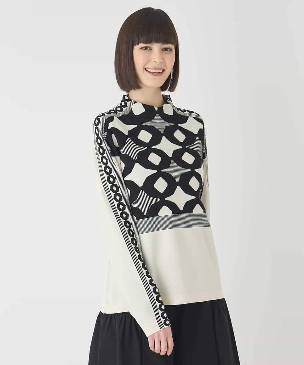 R6FCE81330 HIROKO BIS(小さいサイズ)(メゾン ドゥ サンク) 【小さいサイズ】ジャカード×インターシャ幾何柄ニットプルオーバー ブラック