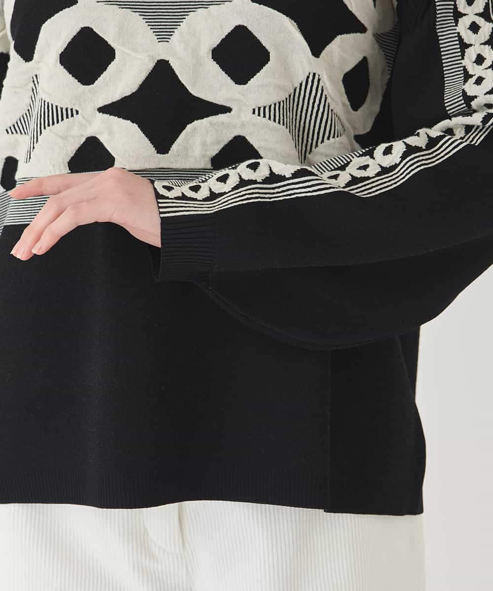 R6FCE81330 HIROKO BIS(小さいサイズ)(メゾン ドゥ サンク) 【小さいサイズ】ジャカード×インターシャ幾何柄ニットプルオーバー ブラック