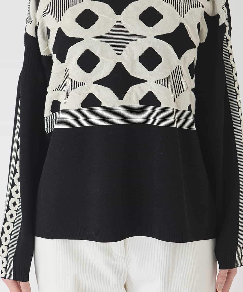 R6FCE81330 HIROKO BIS(小さいサイズ)(メゾン ドゥ サンク) 【小さいサイズ】ジャカード×インターシャ幾何柄ニットプルオーバー ブラック