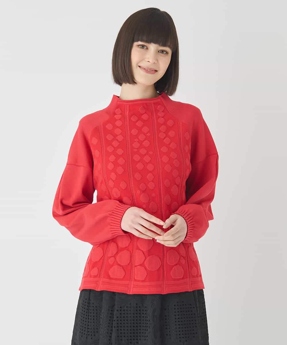 R6FCE85290 HIROKO BIS(小さいサイズ)(メゾン ドゥ サンク) 【小さいサイズ】ボリュームスリーブドットジャカードニットトップ レッド