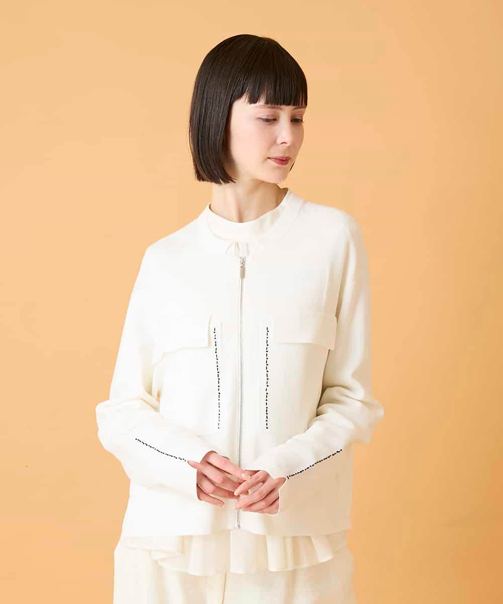 R6FED20330 HIROKO BIS(小さいサイズ)(メゾン ドゥ サンク) 【小さいサイズ】ステッチアクセントミラノリブカーディガン ホワイト