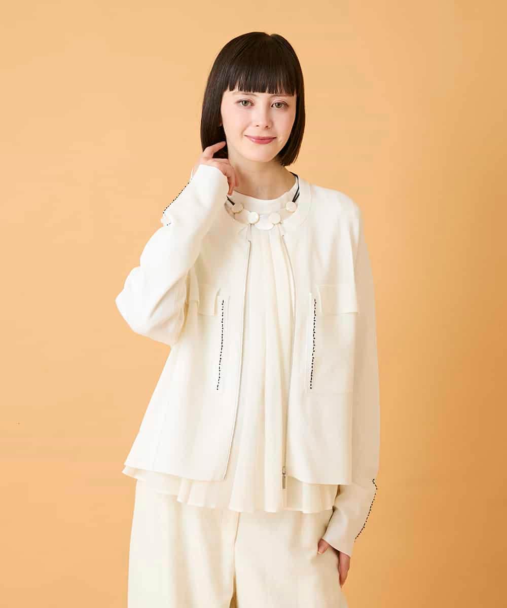 R6FED20330 HIROKO BIS(小さいサイズ)(メゾン ドゥ サンク) 【小さいサイズ】ステッチアクセントミラノリブカーディガン ホワイト