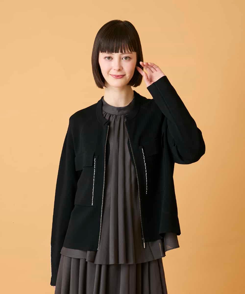 R6FED20330 HIROKO BIS(小さいサイズ)(メゾン ドゥ サンク) 【小さいサイズ】ステッチアクセントミラノリブカーディガン ブラック