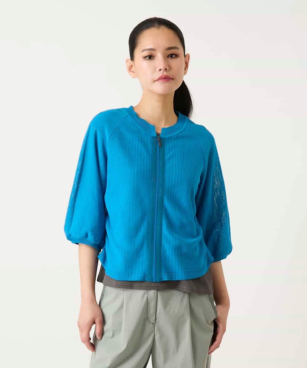 R6FFD48300 HIROKO BIS(小さいサイズ)(メゾン ドゥ サンク) 【小さいサイズ】リブポイントコンパクトニットカーディガン ライトブルー